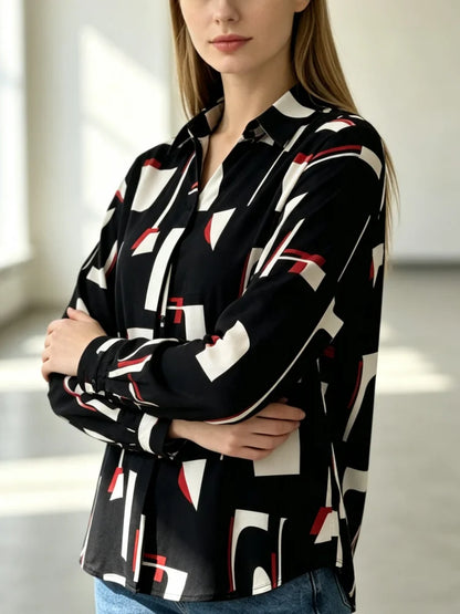 Chemisier Imprimé Femme – Col V et Manches Longues