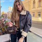 Veste courte en faux cuir d'agneau pour femmes