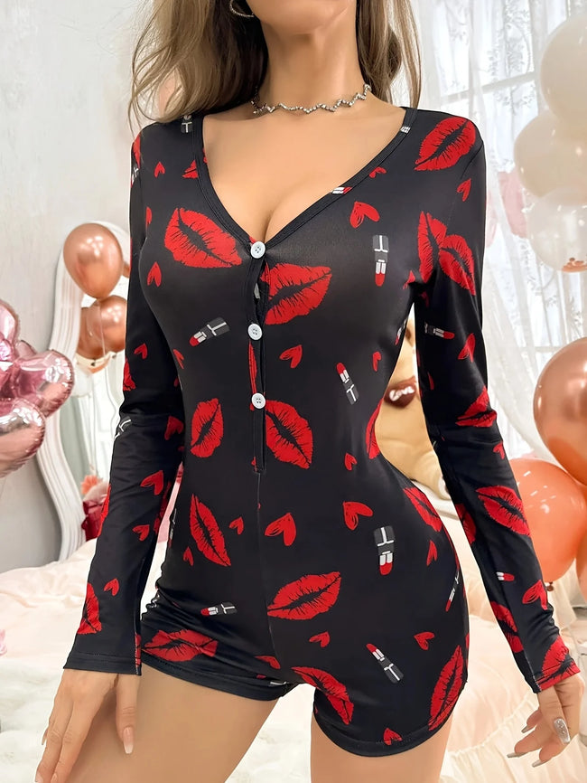 Combinaison de Nuit Femme – Lèvres Rouges, Col V et Boutons