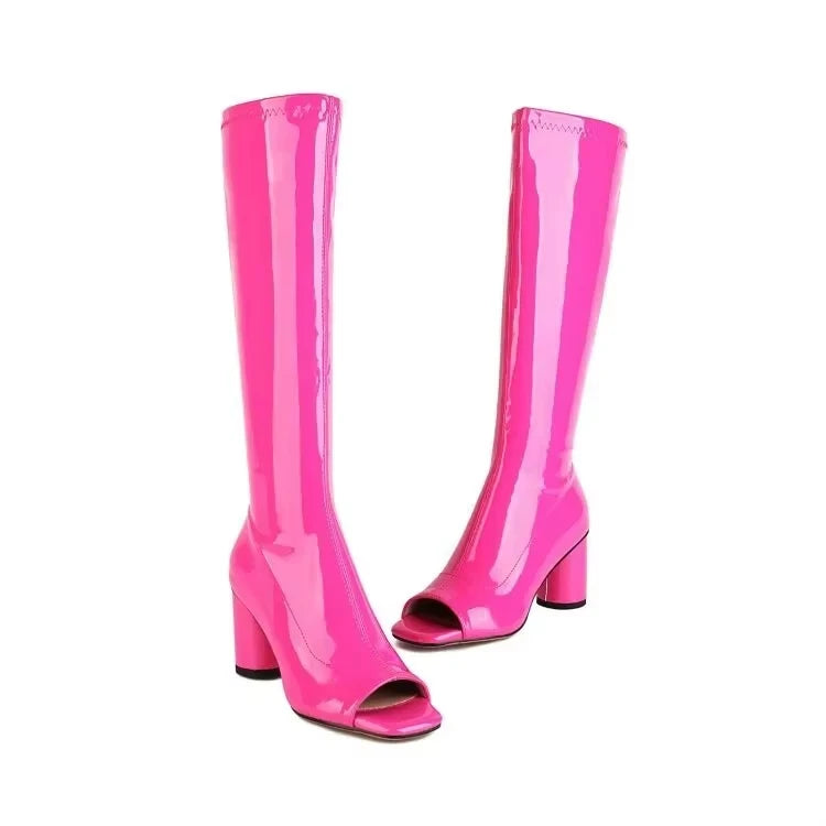 Bottes hautes en cuir verni à bout ouvert pour femmes