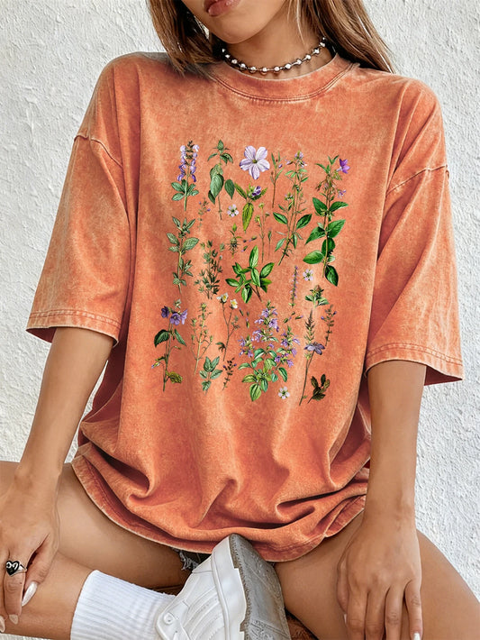 T-Shirt Femme en Coton Lavé – Imprimé Fleurs Violettes