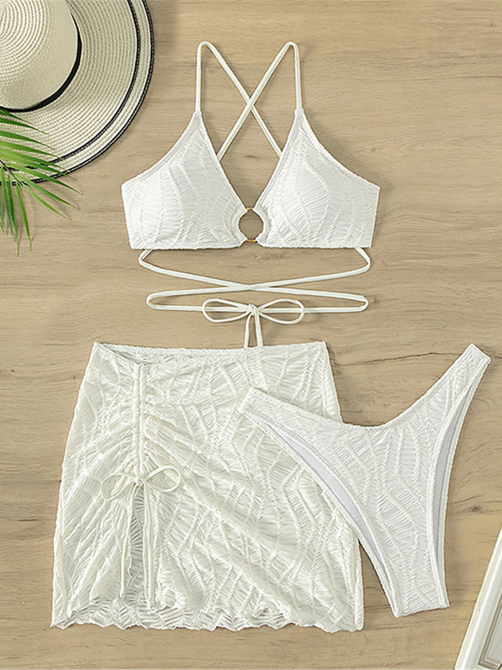 Maillot de bain trois pièces avec jupe froissée pour femmes