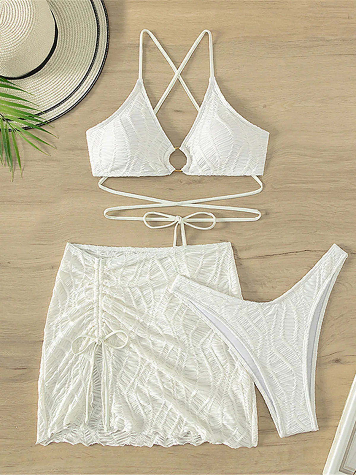 Maillot de bain trois pièces avec jupe froissée pour femmes