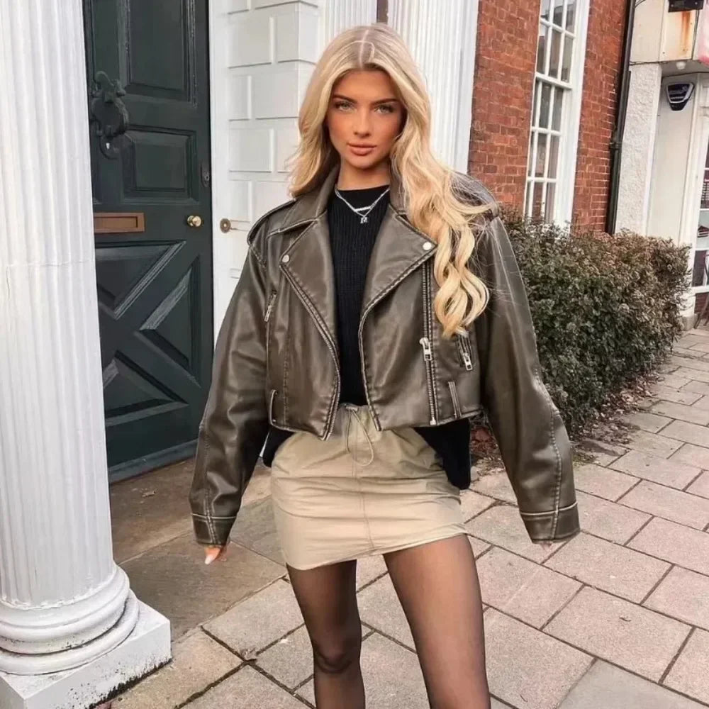 Veste courte en faux cuir pour femmes