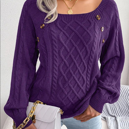 Pull Torsadé Femme – Col Carré Boutonné