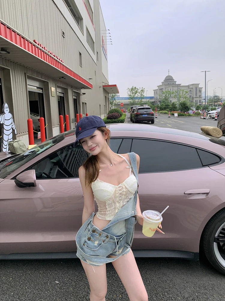 Ensemble deux pièces camisole + shorts en jean pour femmes