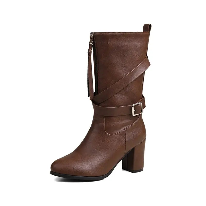 Bottes bout rond bloc talons 7.5 cm pour femmes
