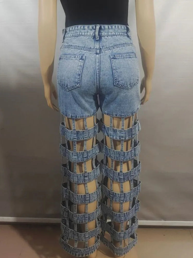 Jean droit taille haute perforé pour femmes