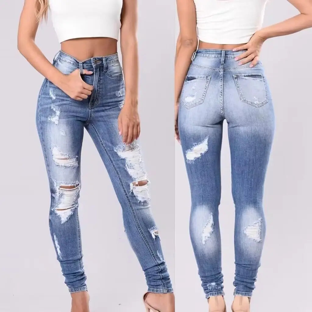 Jeans déchirés taille haute pour femmes
