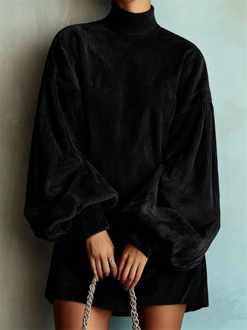 Robe courte en velours côtelé à col roulé pour femme