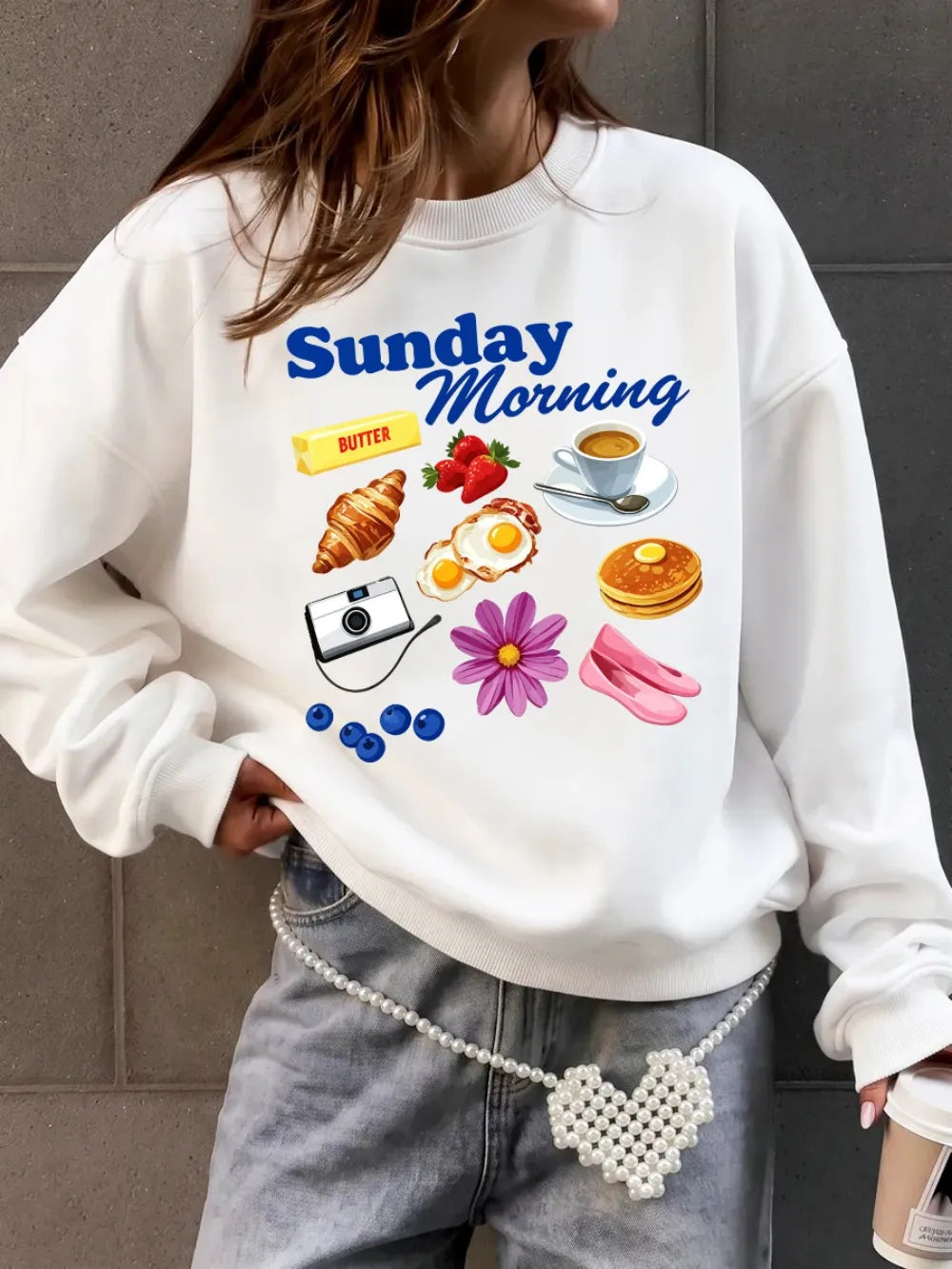Sweat-shirts imprimés pour le dimanche matin, pulls à capuche sportifs à col rond pour femmes