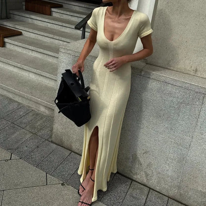 Robe Longue Femme en Maille Côtelée – Look Élégant
