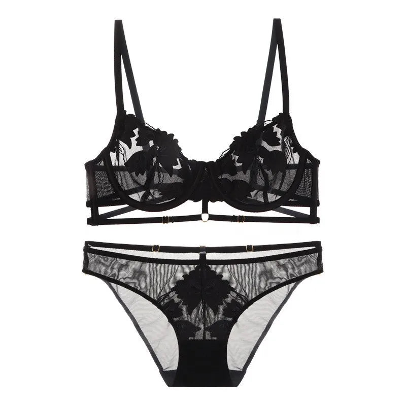 Ensemble soutien-gorge et culotte transparents en dentelle brodée pour femmes