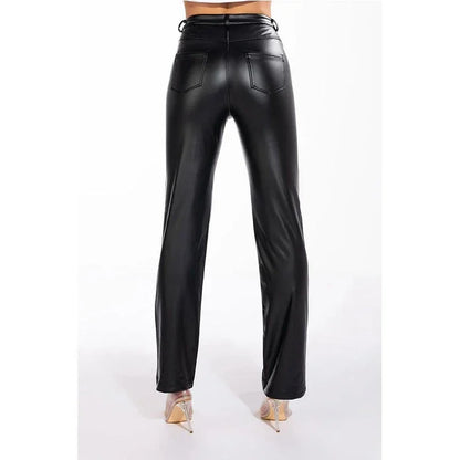 Pantalon Droit Taille Haute en Similicuir avec Poches