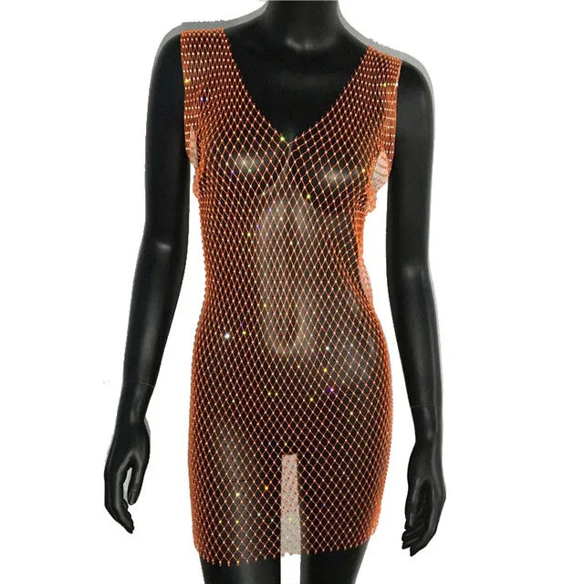 Robe de soirée en résille scintillante, strass, paillettes pour femmes