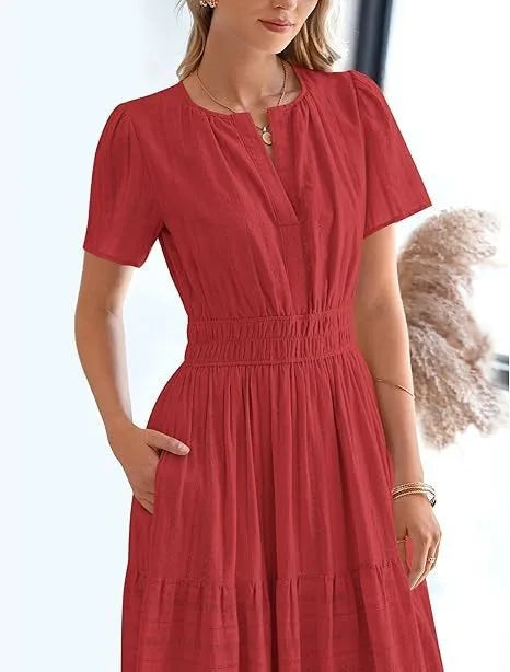 Robe longue plissée élégante style français à col en V pour femmes