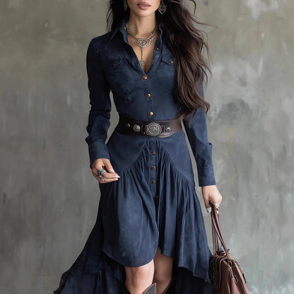 Robe de Soirée Longue Femme – Effet Daim et Ceinture