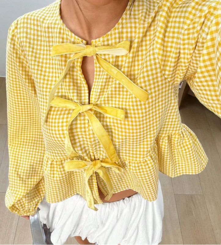 Chemise Courte à Carreaux Femme – Manches Bouffantes
