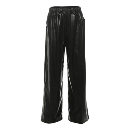 Pantalon large femme en simili cuir PU à taille élastique