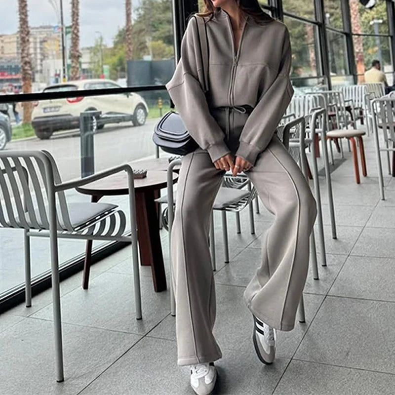 Ensemble cardigan court ample à fermeture éclair + pantalon de survêtement à cordon de serrage pour femmes