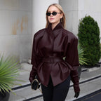 Veste en cuir bordeaux ample épissé taille cintrée pour femmes