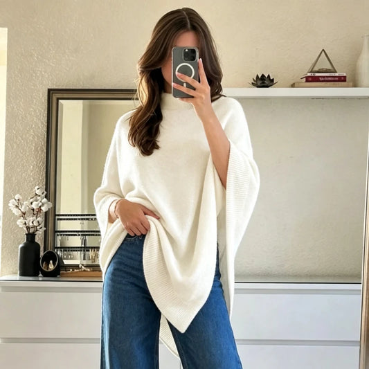 Poncho en Maille Femme – Col Roulé et Manches Chauve-Souris