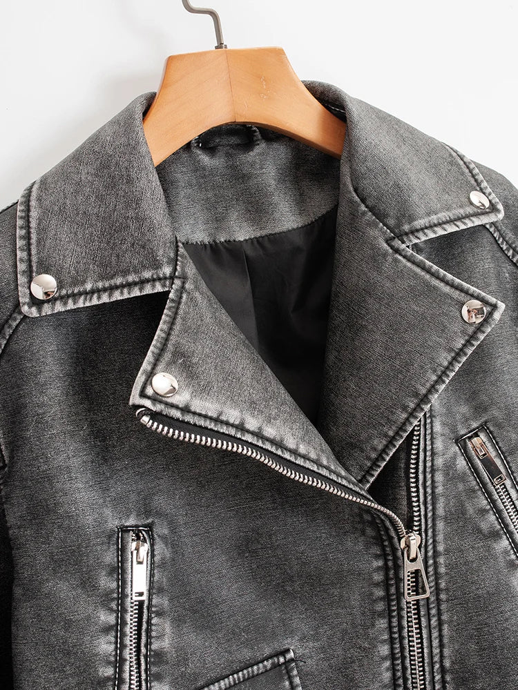Veste courte en similicuir PU vintage pour femmes