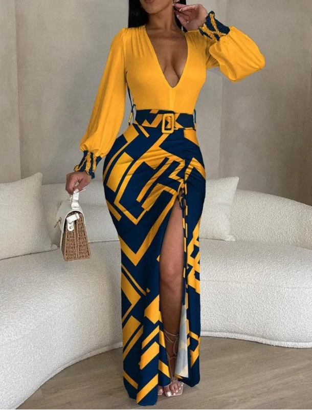 Robe longue imprimée à col en v pour femmes