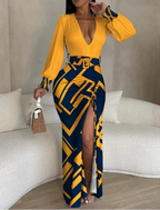 Robe longue imprimée à col en v pour femmes
