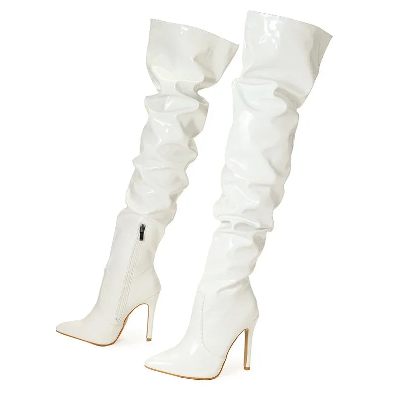 Bottes cuissardes  en cuir verni plissé de haute qualité pour femmes