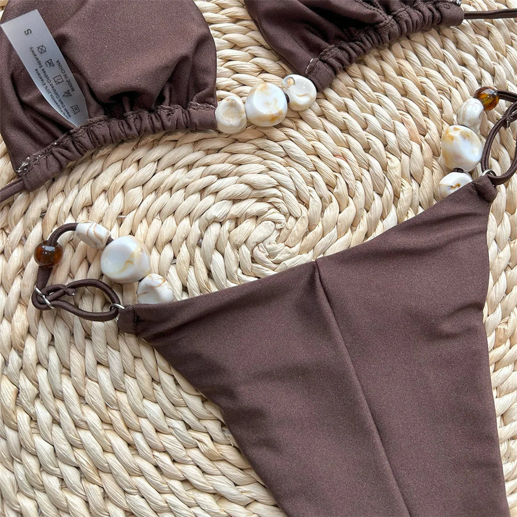 Maillot de bain deux pièces sexy et brillant, col licou, coupe haute, pour femmes