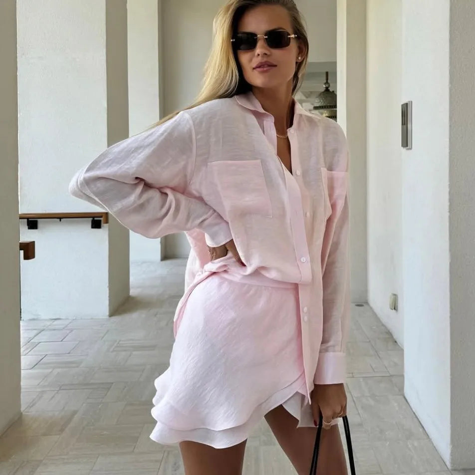 Ensemble 2 Pièces Femme – Chemise et Mini-Jupe à Volants