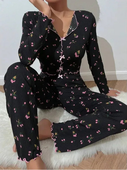 Pyjama Fleuri Femme – Haut Manches Longues et Pantalon