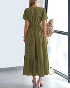 Robe longue plissée élégante style français à col en V pour femmes