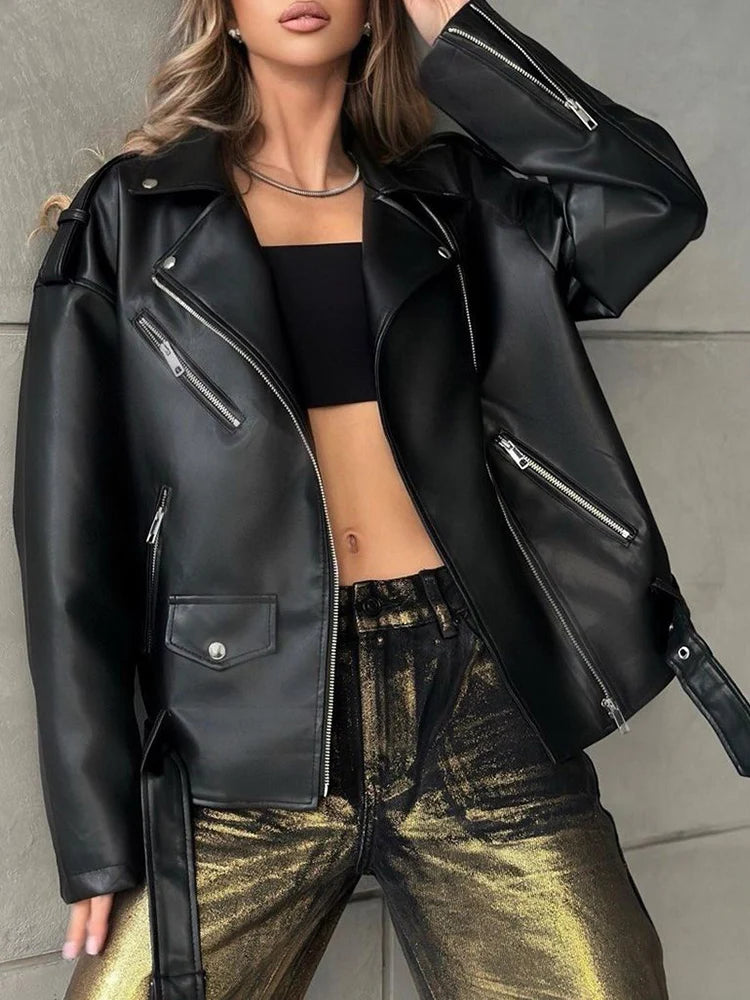 Veste lâche noir en pu faux cuir pour femmes
