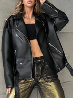 Veste lâche noir en pu faux cuir pour femmes