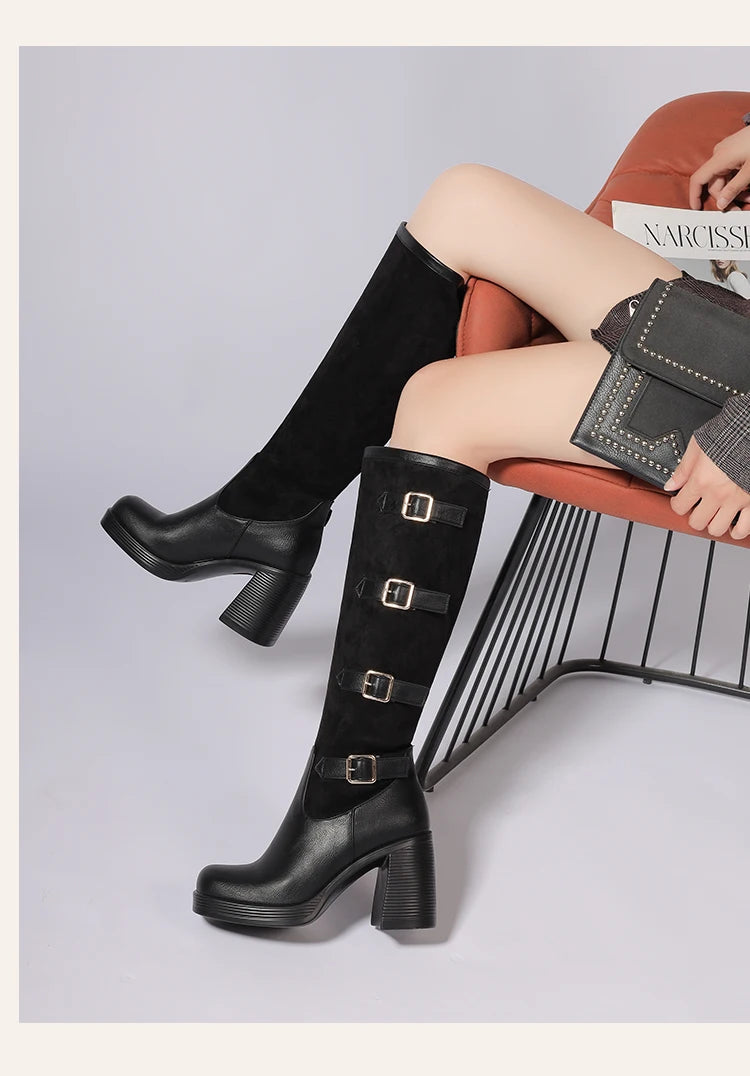 Bottes mi-mollet en PU givré avec boucle de ceinture à cinq rangées et talon ultra-haut pour femmes