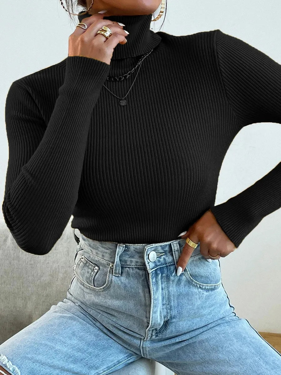 Pull col roulé uni en maille pour femmes