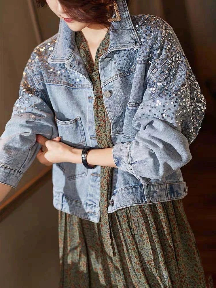Veste en jean à paillettes pour femmes