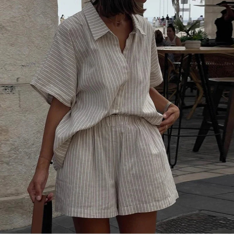 Ensembles shorts jambe large décontracté et haut à simple boutonnage rayé à lacets pour femmes