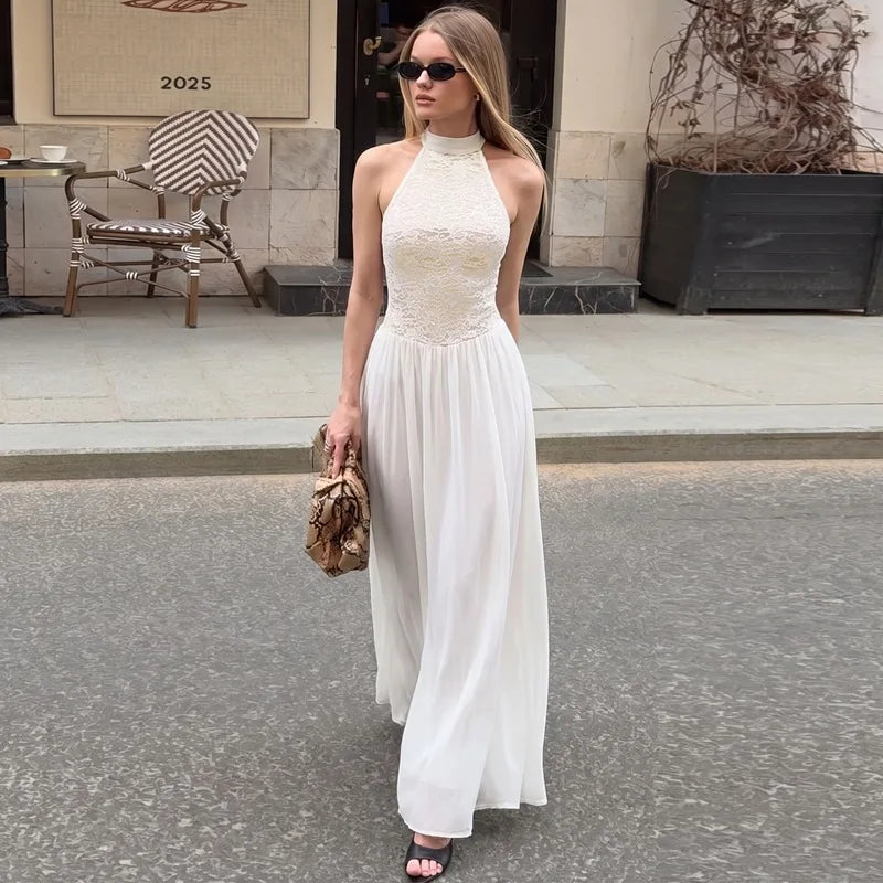 Robe longue blanche dos nu en dentelle pour femmes