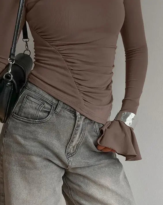 Top froncé à manches longues pour femmes