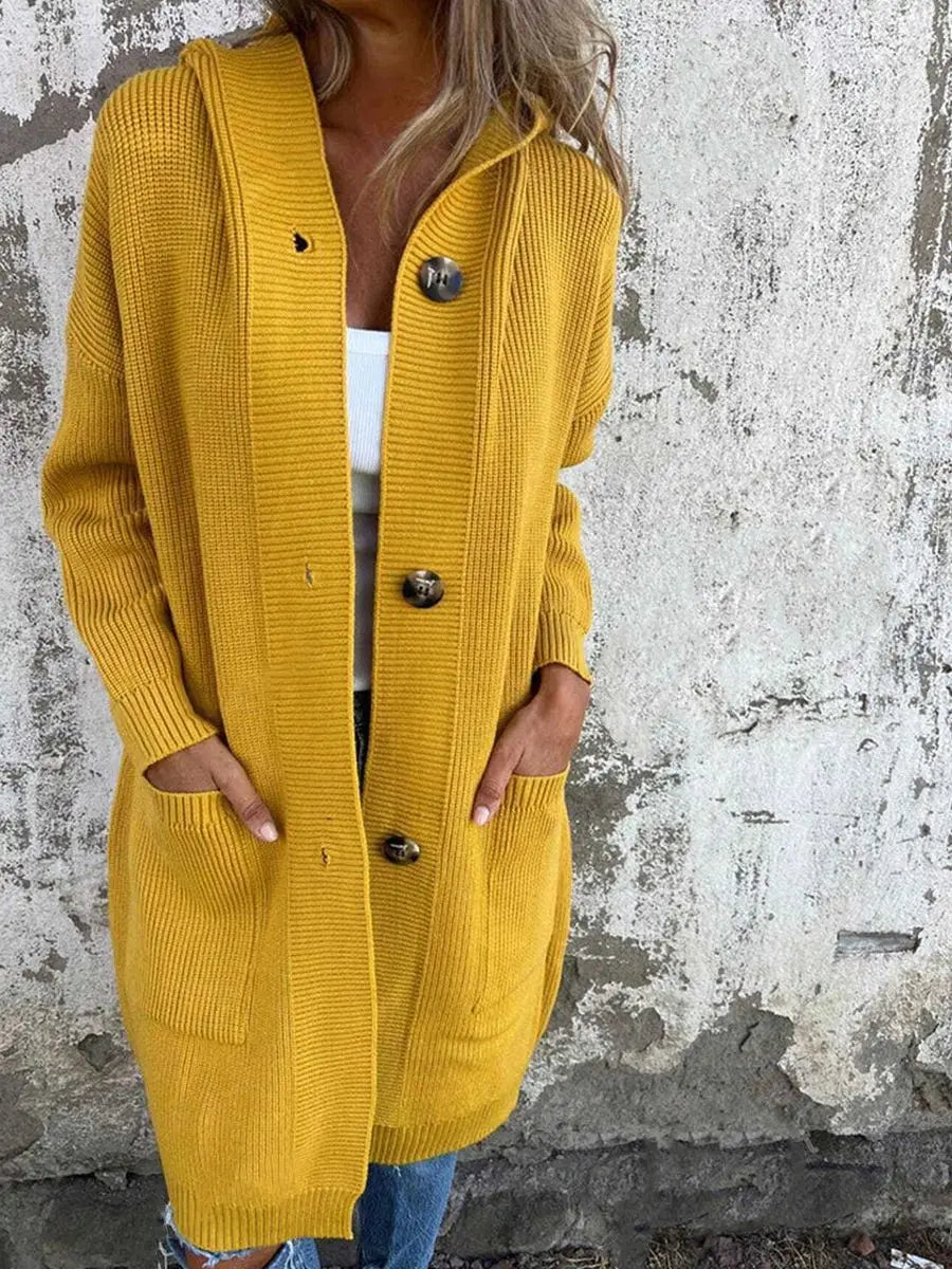 Cardigan long à poches et boutons pour femmes