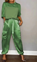 Ensemble deux pièces chemise à manches mi-longues et pantalon décontracté en satin lisse pour femmes