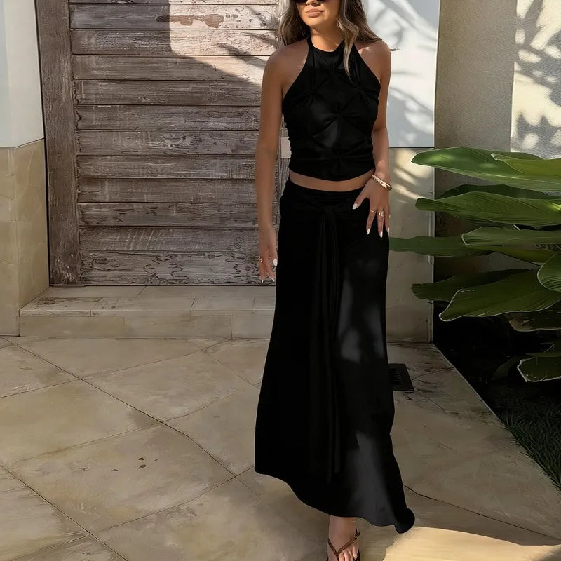 Ensemble deux pièces jupe longue, collier, débardeur dos nu pour femmes