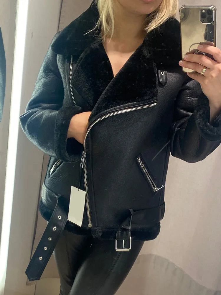 Manteaux d'hiver en faux cuir et fourrure de mouton pour femmes