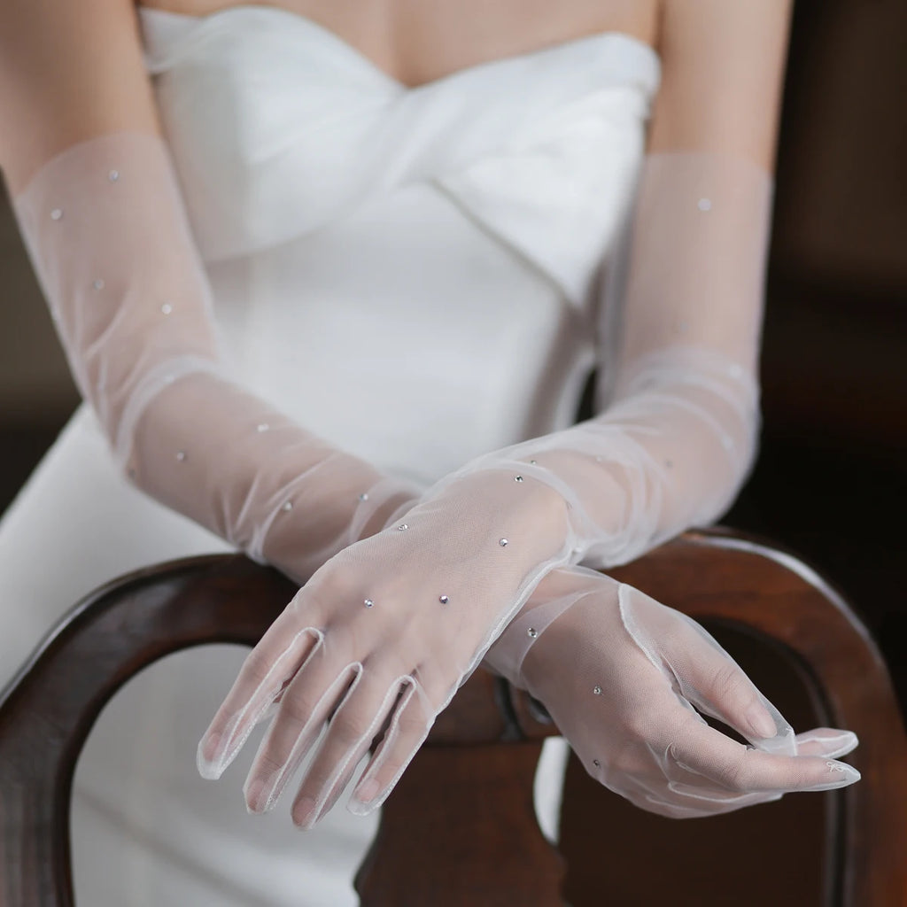 Gants longs blancs en tulle transparent pour femmes