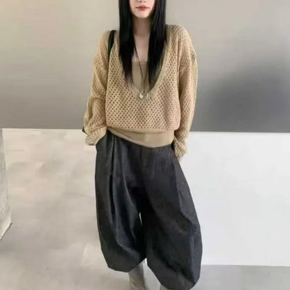 Ensemble 2 Pièces Femme – Gilet en Maille et Chemisier Ajouré