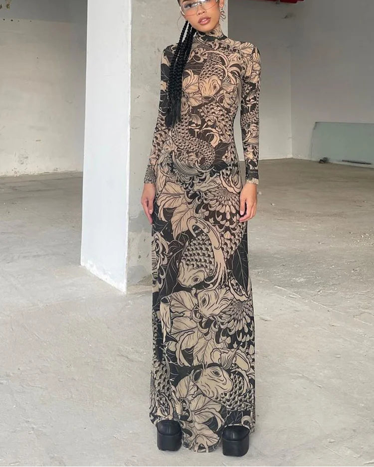 Robe longue moulante à imprimé résille Weird Puss pour femmes