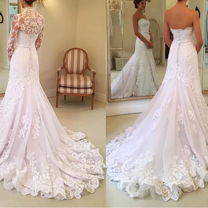 Robe de mariée sirène en dentelle avec veste col haut pour femmes